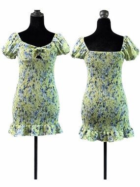 Smocked Puff-Sleeve Mini Dress in Yellow Floral